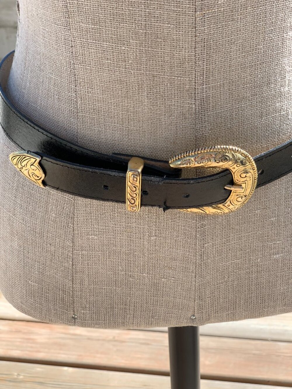 Vintage 90s Western Belt Women's M Black Leather Gold Buckle Southwestern Boho - Picture 2 of 15